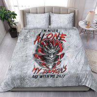 Grey bedding set with devil skull and red graffiti-style text on quilt and two pillows