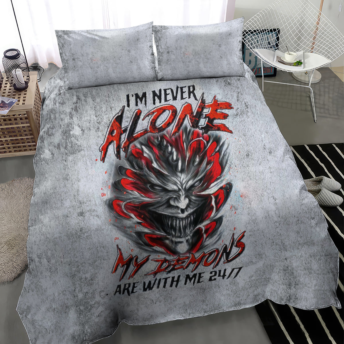 Grey bedding set featuring devil skull with red flames and bold text on quilt