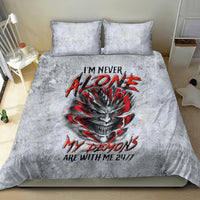 Grey bedding set with devil skull graphic, red lettering on quilt, two matching pillows