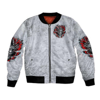 Unisex grey bomber jacket with front zipper, devil skull patch, red accents, and black cuffs