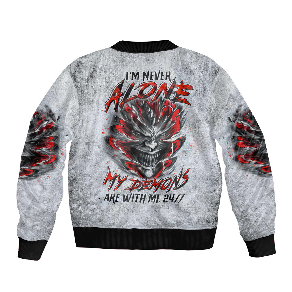 Unisex grey bomber jacket with large devil skull graphic on back and black ribbed trim