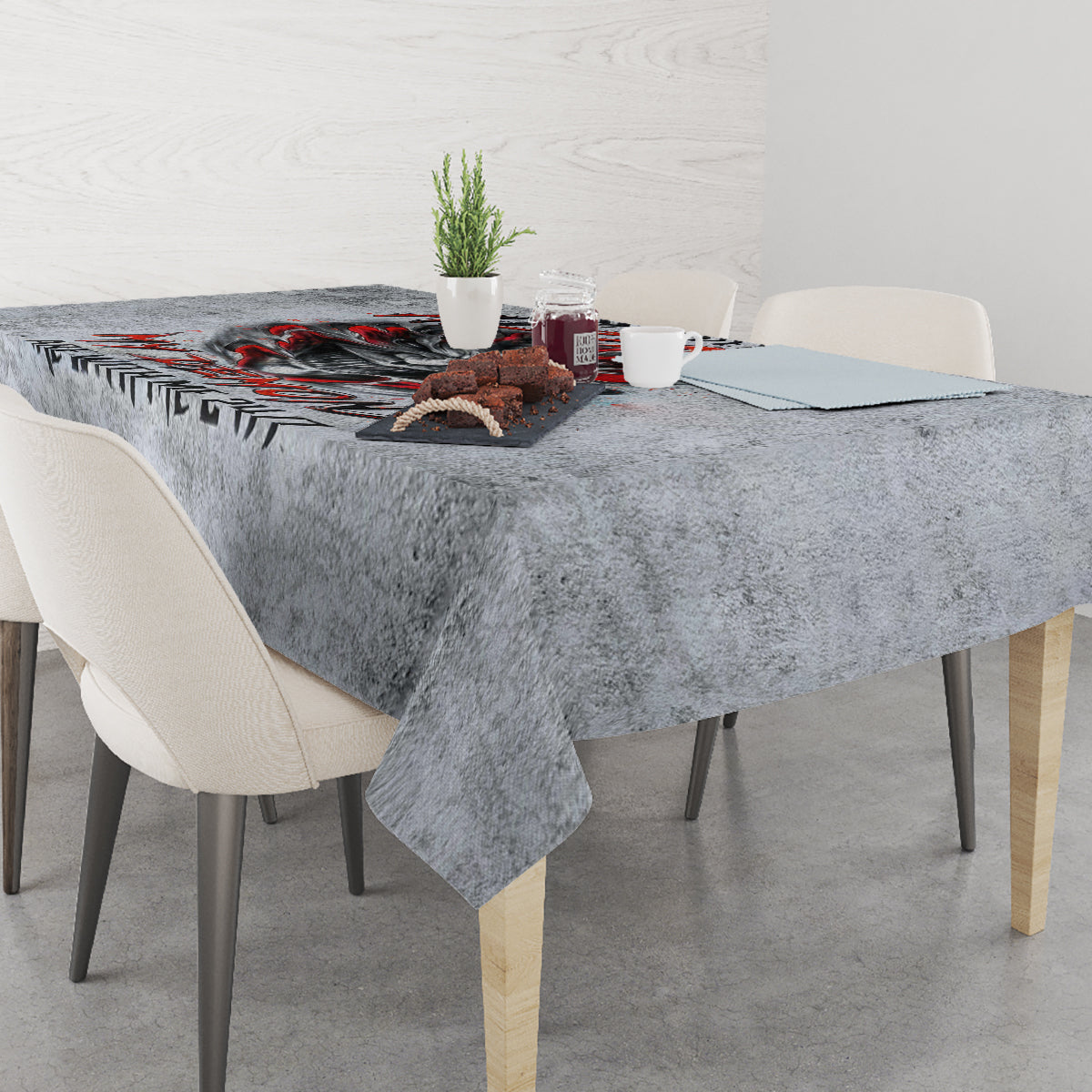 Grey devil skull tablecloth on dining table with red flame skull design