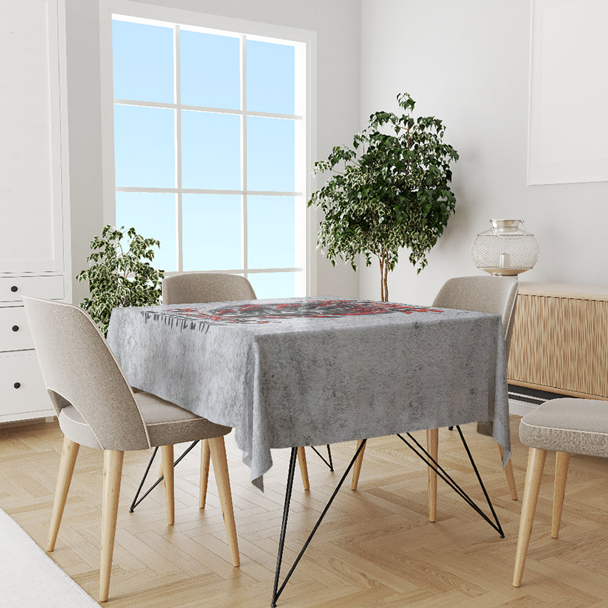 Grey devil skull tablecloth with red skull graphic on modern dining set