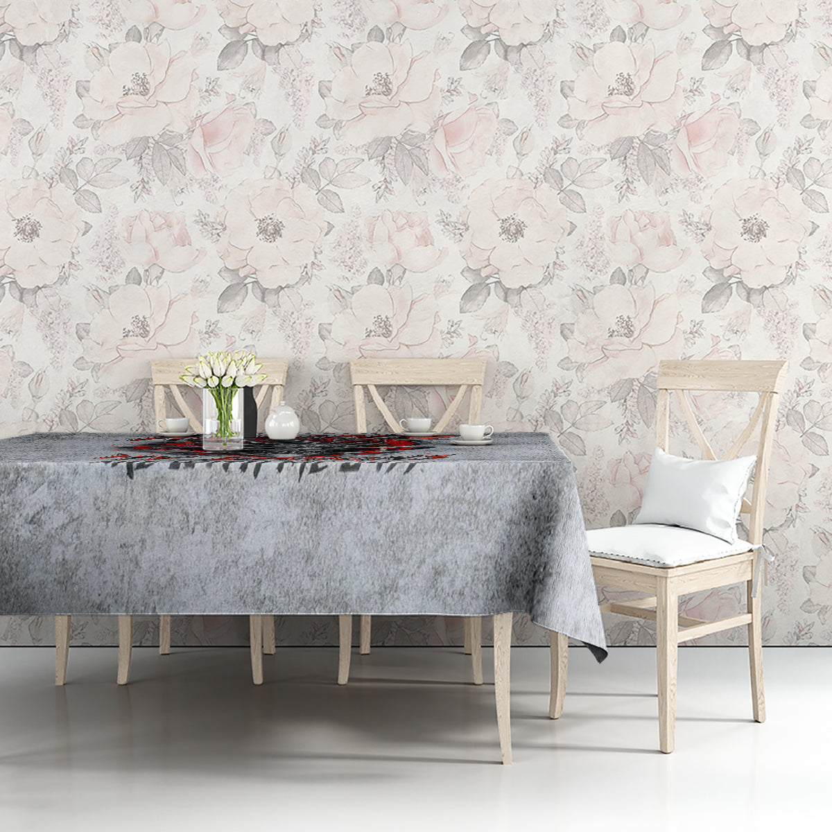 Grey devil skull tablecloth with red flame skull print on rectangular table