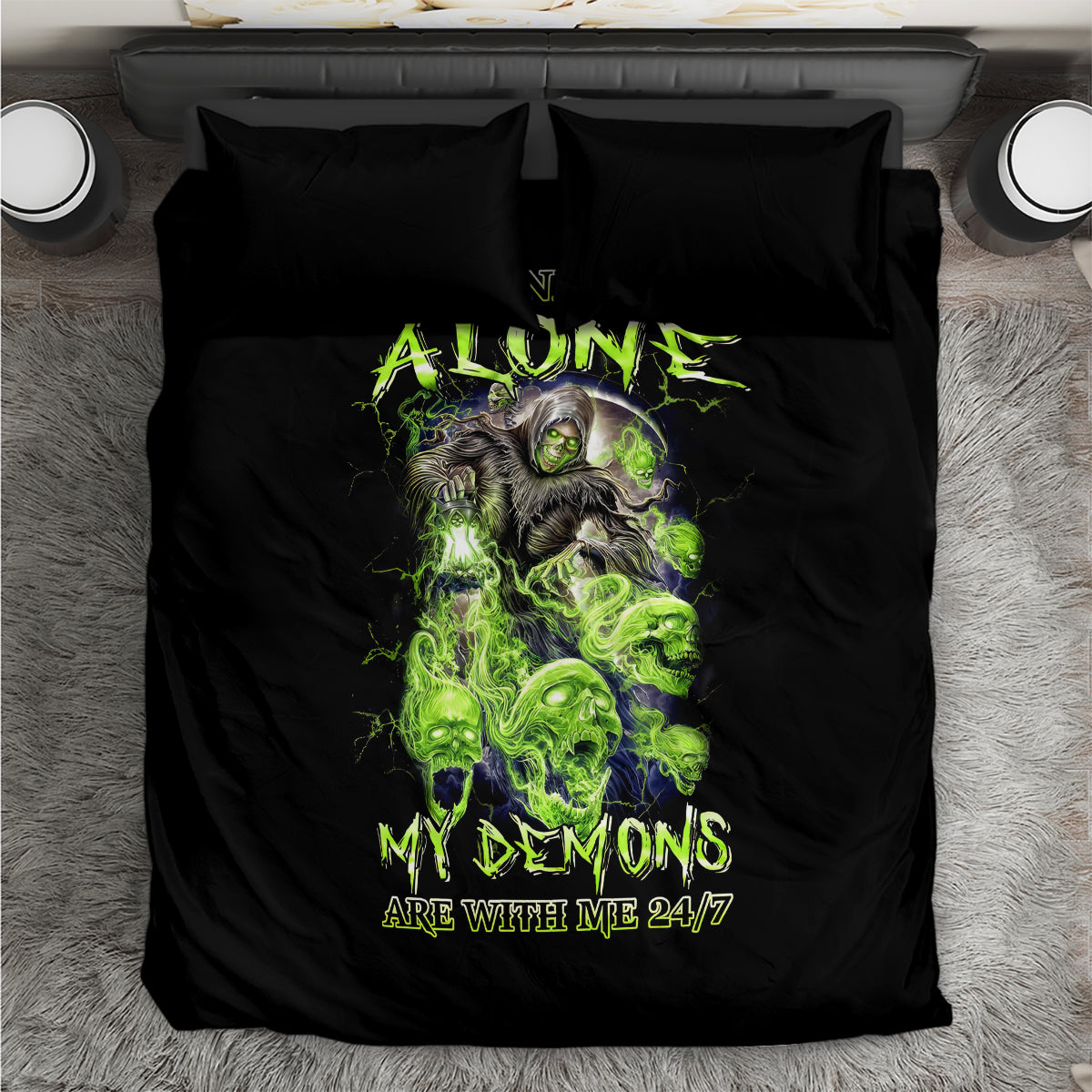 Black bedding set laid flat with neon green skull demon artwork
