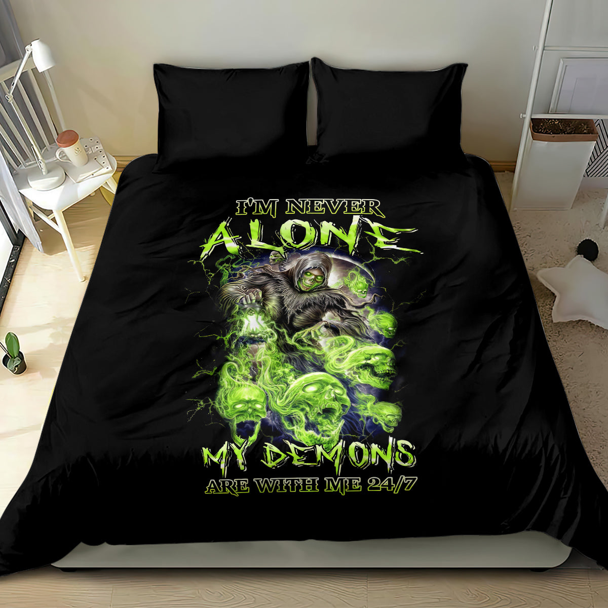 Black bedding set with neon green skull demon graphic on comforter and two pillows