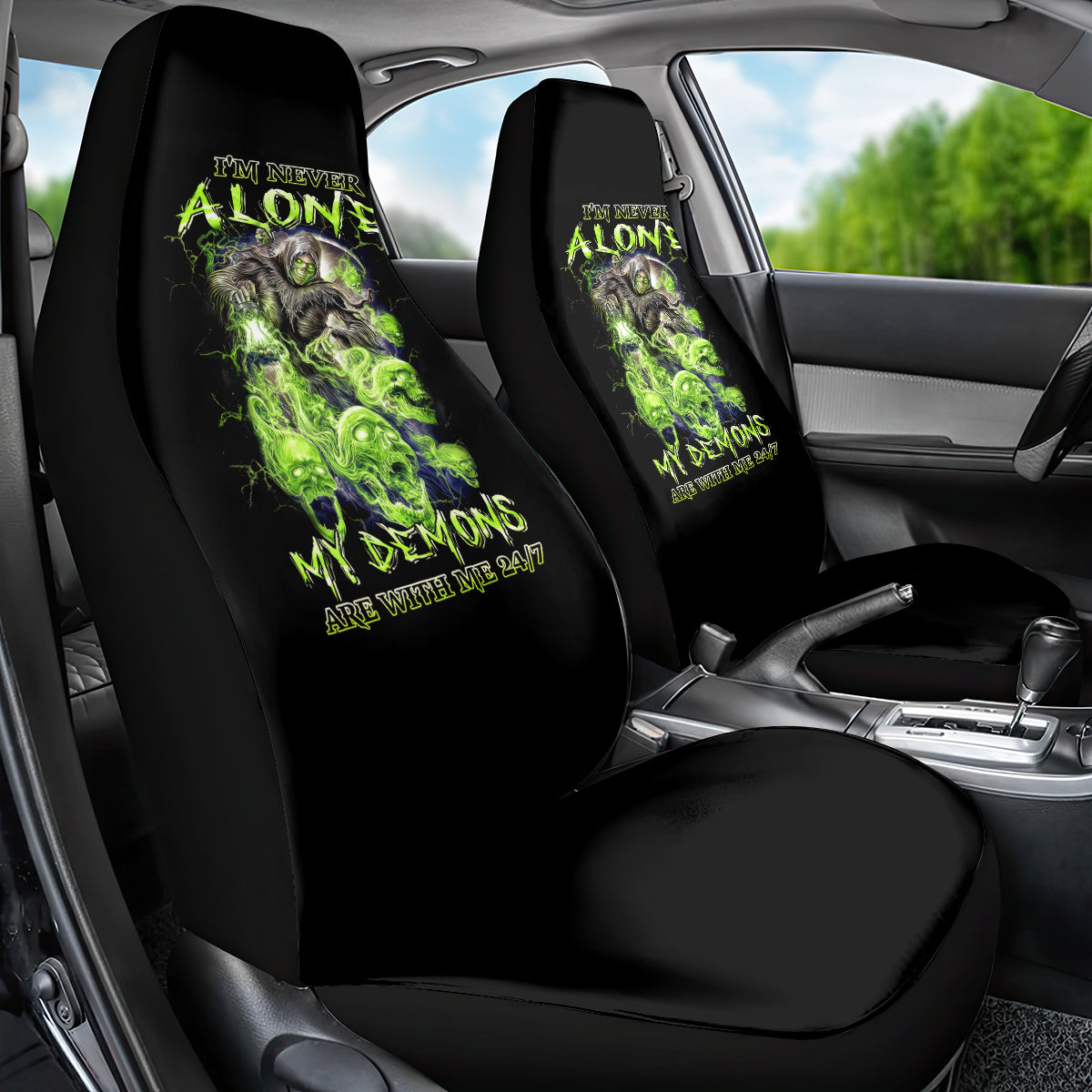 Death Skull Car Seat Cover I Never Alone My Demon With Me 24/7 - Wonder Print Shop