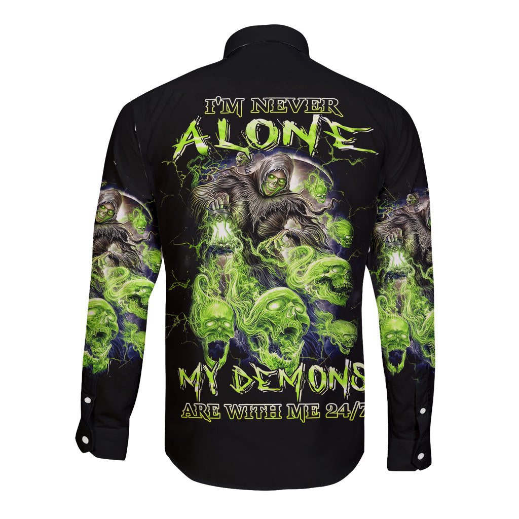 Death Skull Long Sleeve Button Shirt I Never Alone My Demon With Me 24/7 - Wonder Print Shop