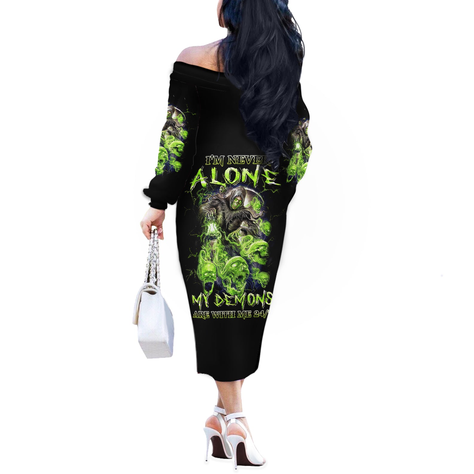 Flower Skull Off The Shoulder Long Sleeve Dress I Blunt Because God Rolled Me That Way - Wonder Print Shop