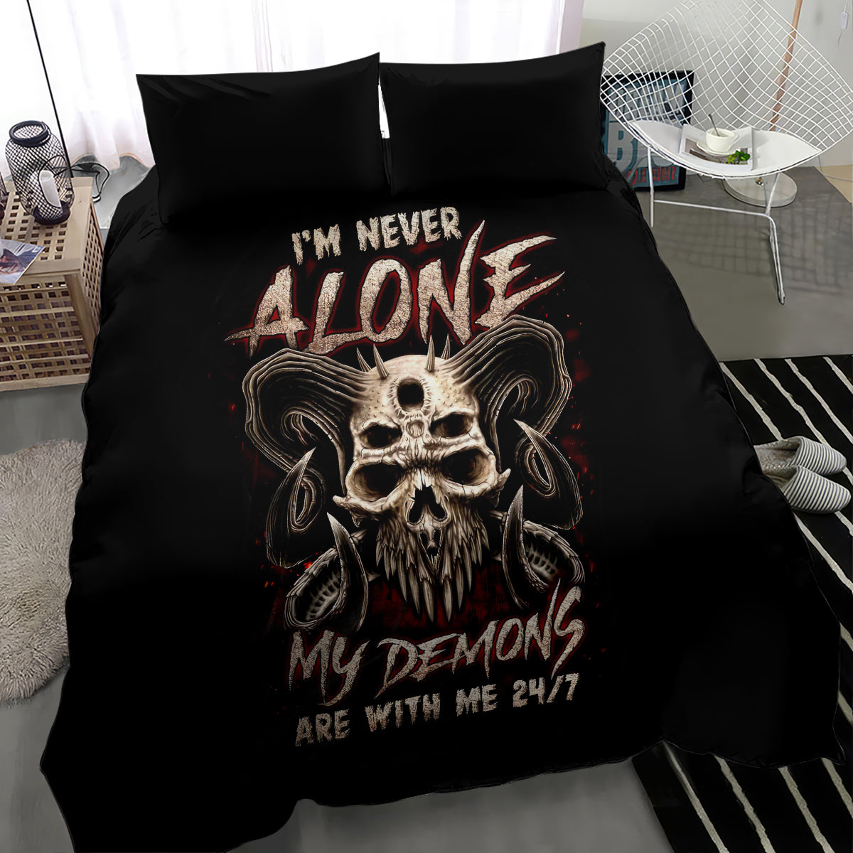 Black skull graphic duvet set with two pillowcases, central demon skull and text