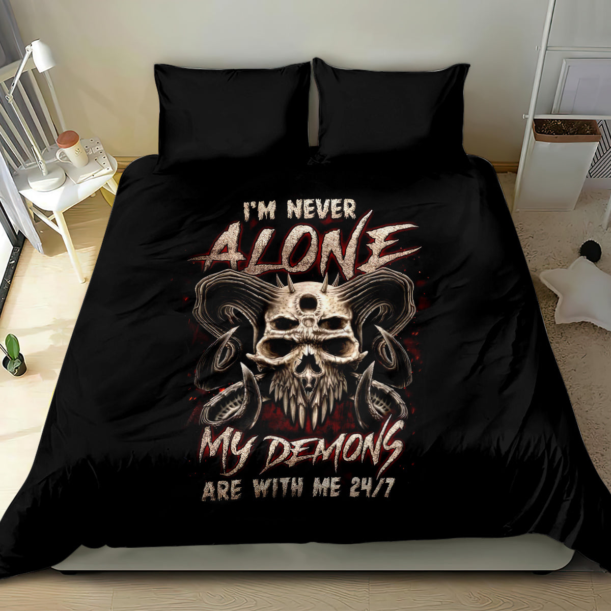 Black bedding set with large demon skull graphic and matching pillowcases