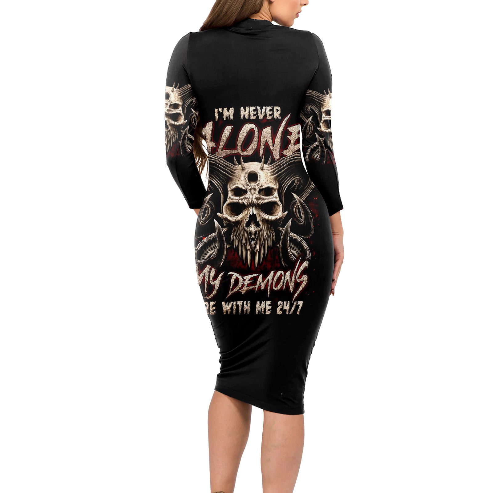 Satan Skull Long Sleeve Bodycon Dress I Never Alone My Demon With Me 24/7 - Wonder Print Shop