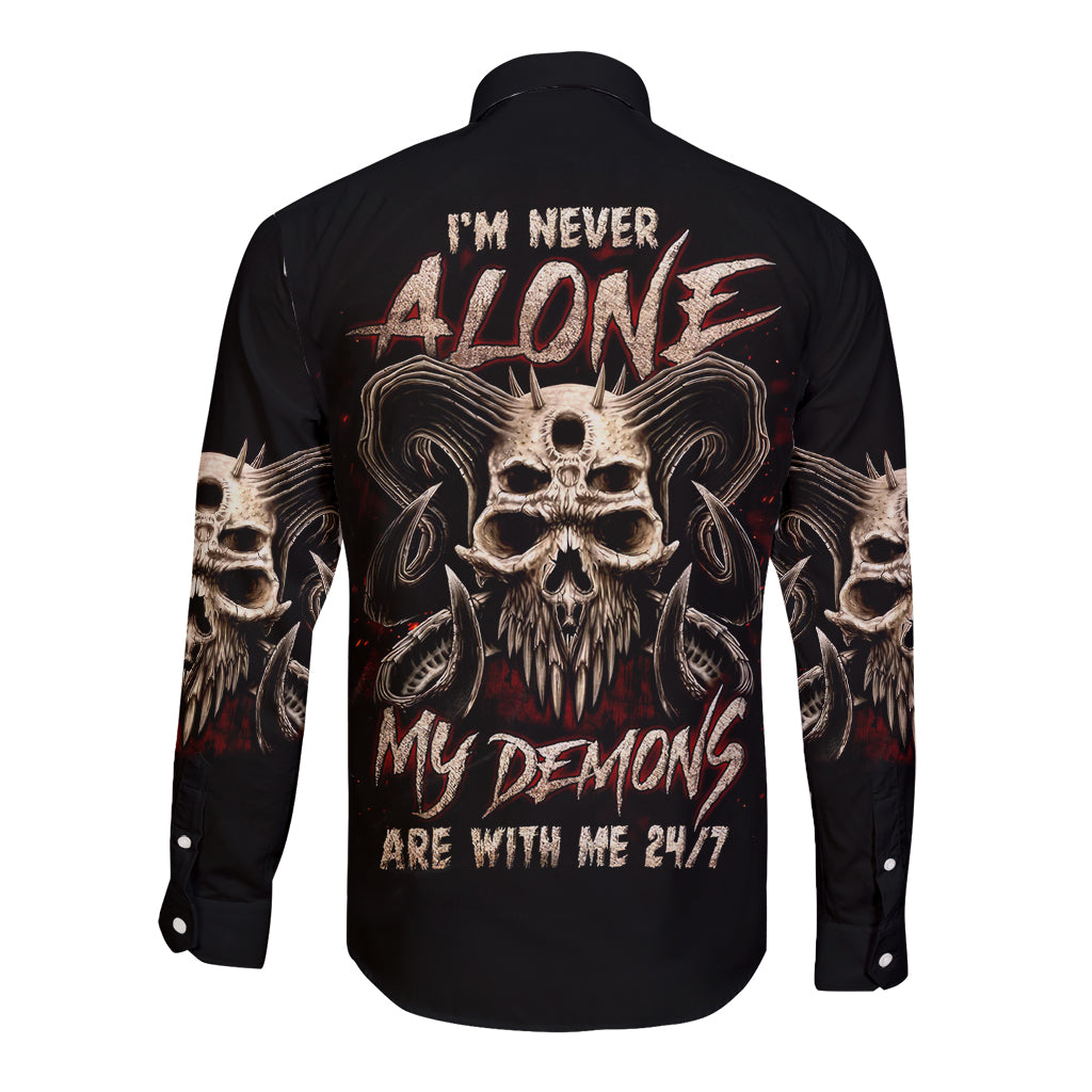 Satan Skull Long Sleeve Button Shirt I Never Alone My Demon With Me 24/7 - Wonder Print Shop