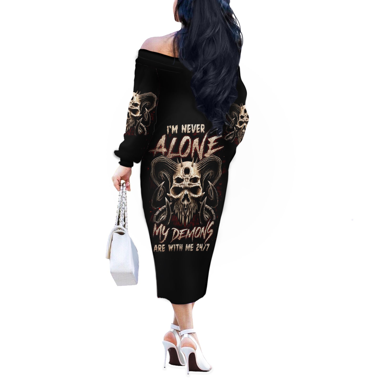 Flower Skull Off The Shoulder Long Sleeve Dress I Try To Avoid Drama - Wonder Print Shop