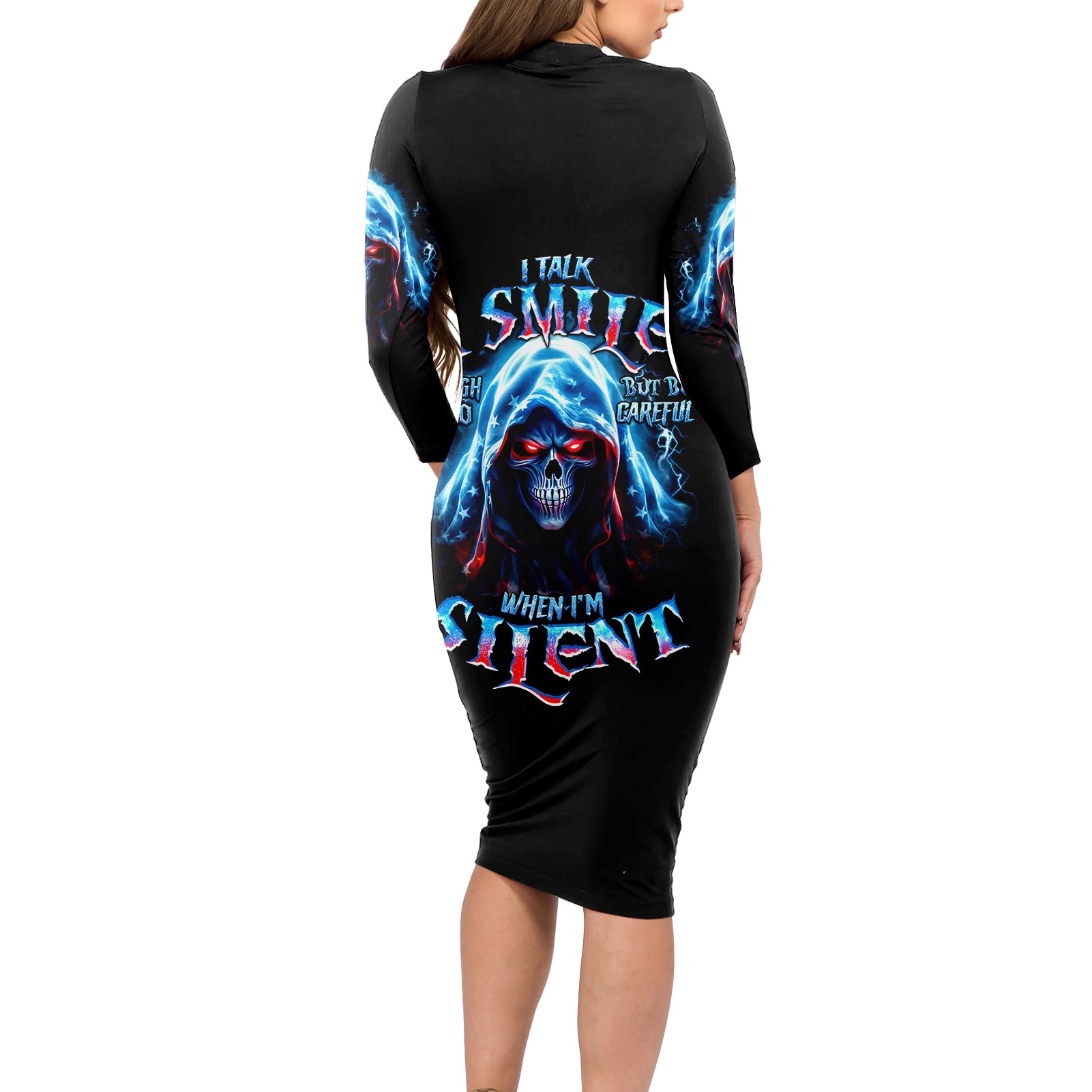 American Skull Long Sleeve Bodycon Dress I Talk I Smile But Be Carefull When I Silent - Wonder Print Shop