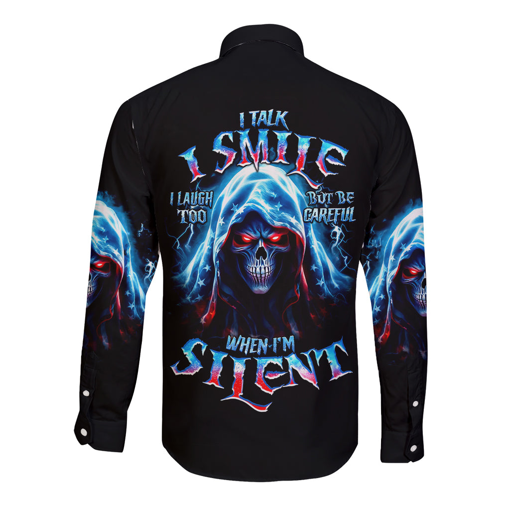 American Skull Long Sleeve Button Shirt I Talk I Smile But Be Carefull When I Silent - Wonder Print Shop