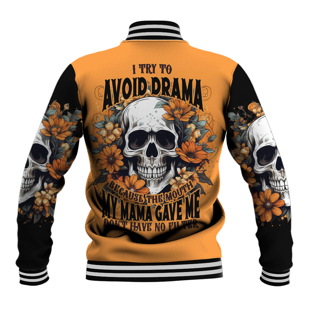 Unisex orange baseball jacket with black sleeves, striped cuffs, large back skull floral graphic