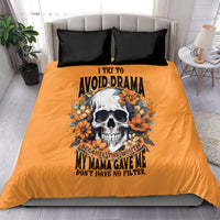 Orange duvet cover bedding set with black pillowcases, skull with orange floral graphic