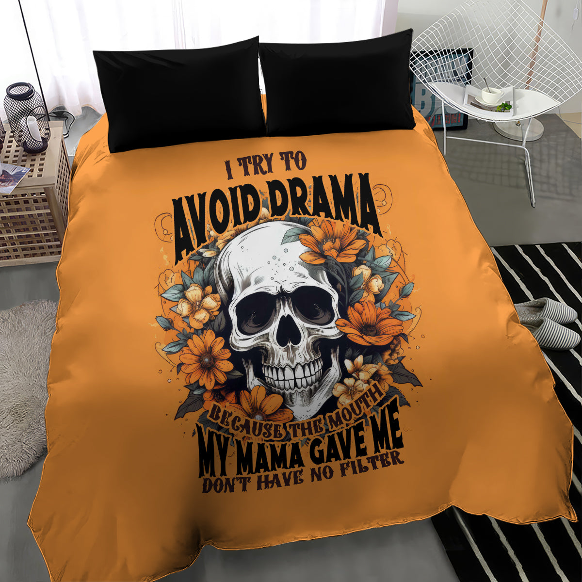 Orange duvet cover and black pillowcases featuring skull with orange flowers