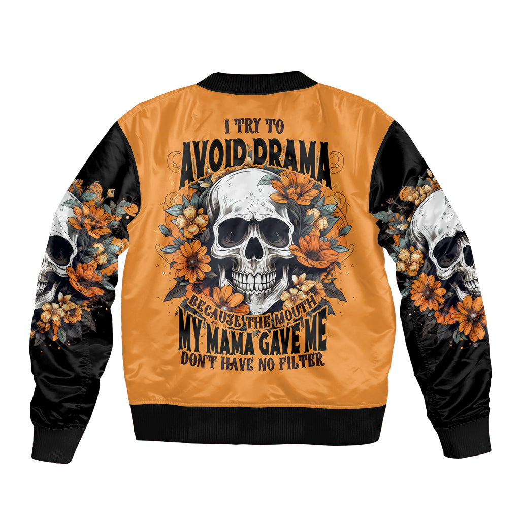 Orange unisex bomber jacket with skull and floral sleeve print, ribbed collar and cuffs
