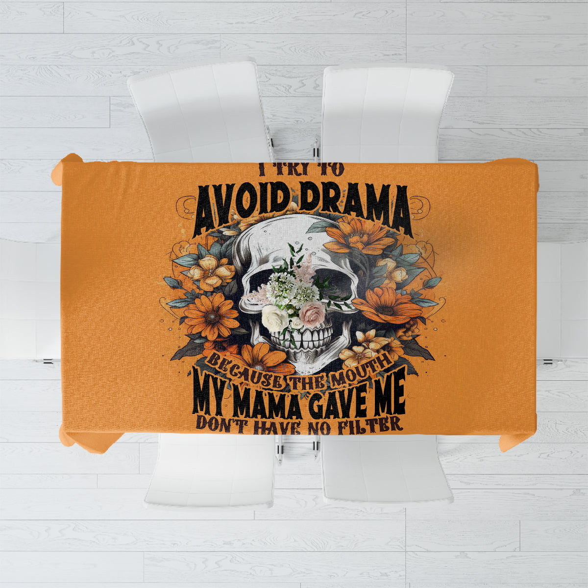 Orange square tablecloth with skull and floral graphic and bold text