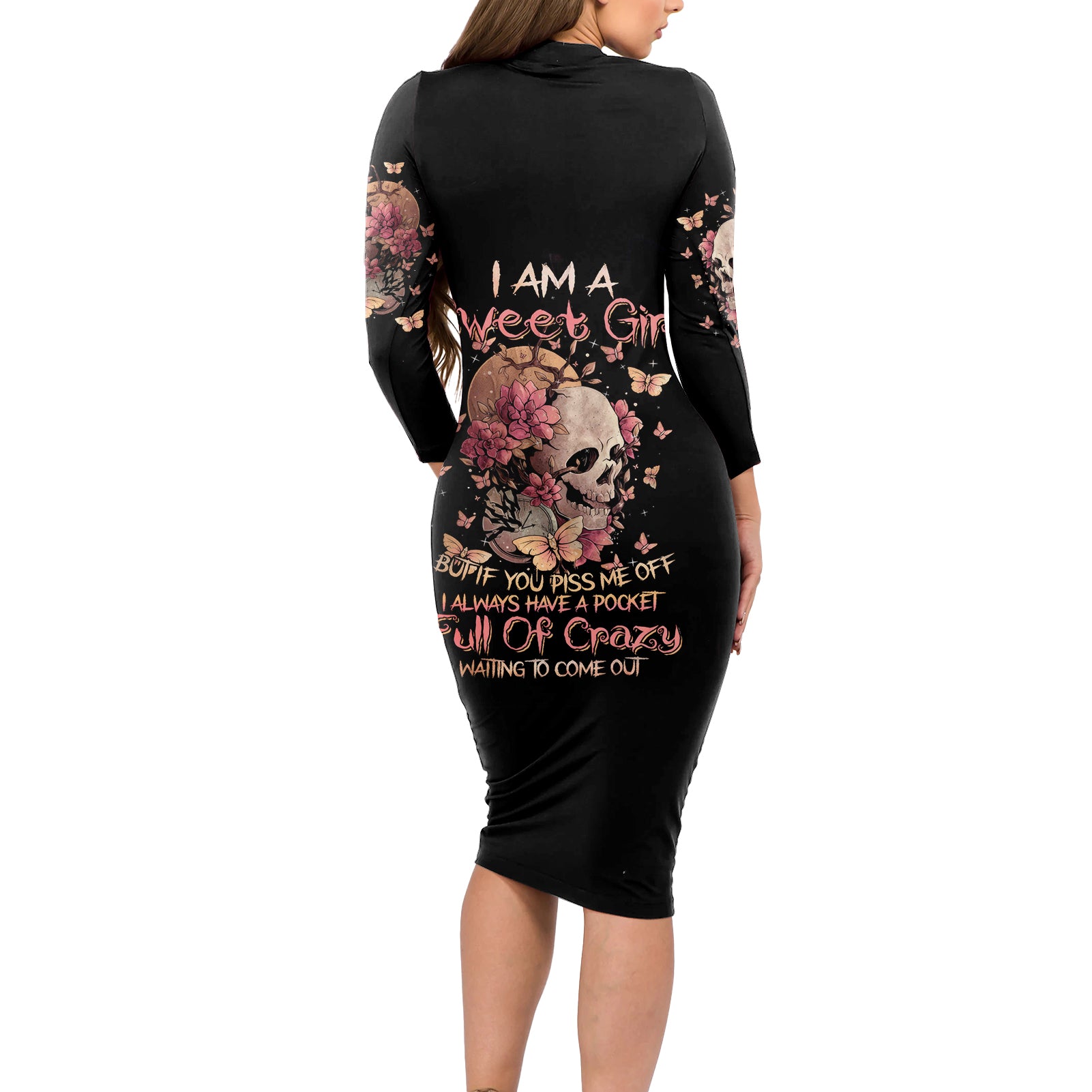 Flower Skull Long Sleeve Bodycon Dress Iam A Sweet Girl Full Of Crazy - Wonder Print Shop