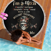 Girl skull beach blanket, black round design with skull graphic and fringed edge