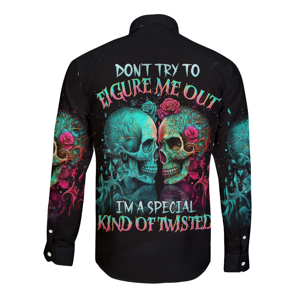 Twin Skull Long Sleeve Button Shirt Don't Try To Figure Me Out I'm A Special - Wonder Print Shop