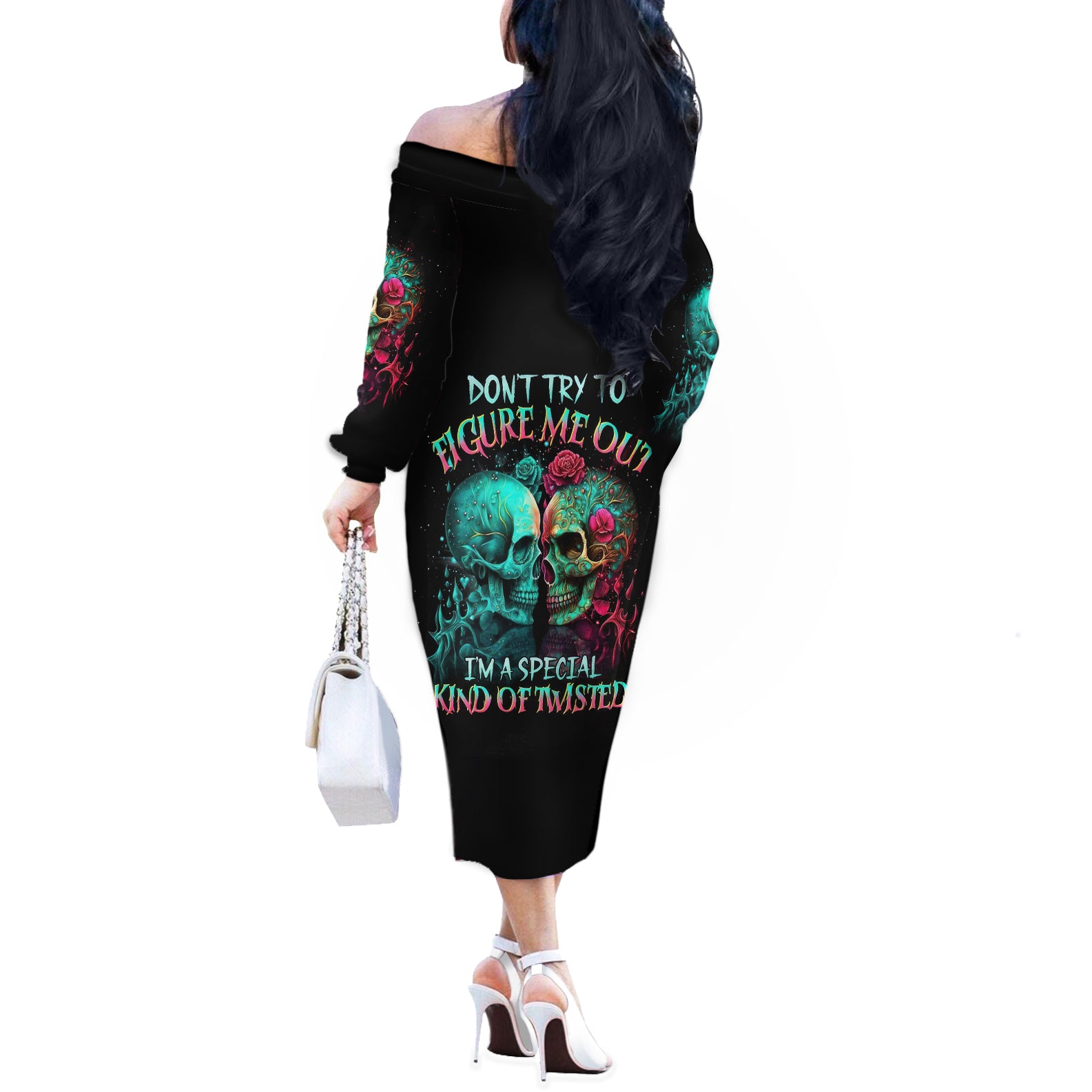 Satan Skull Off The Shoulder Long Sleeve Dress I Never Alone My Demon With Me 24/7 - Wonder Print Shop