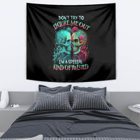 Black tapestry wall hanging with twin teal and pink skull graphic