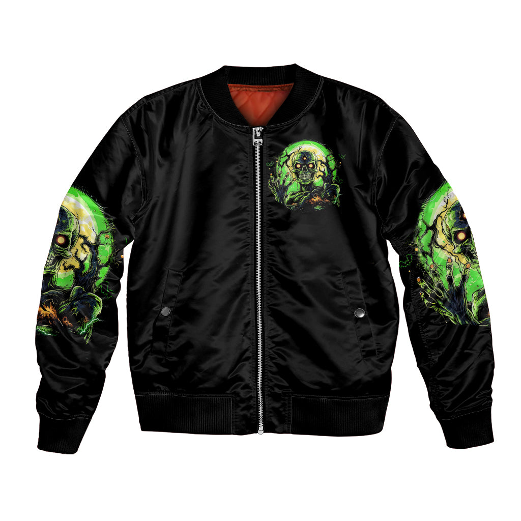 Black bomber jacket with front zipper and zombie skull chest graphic