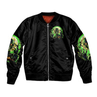 Black bomber jacket with front zipper and zombie skull chest graphic