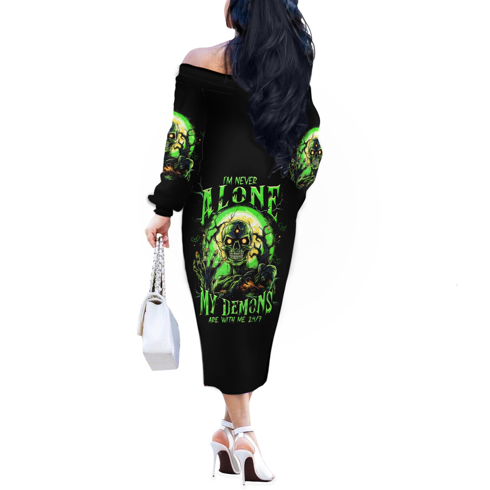 Skull Pumpkin Off The Shoulder Long Sleeve Dress I Have Three Side Quite Funny And Side You Never Want - Wonder Print Shop