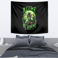 Black wall tapestry with neon-green zombie skull graphic and "My demons are with me 24/7"