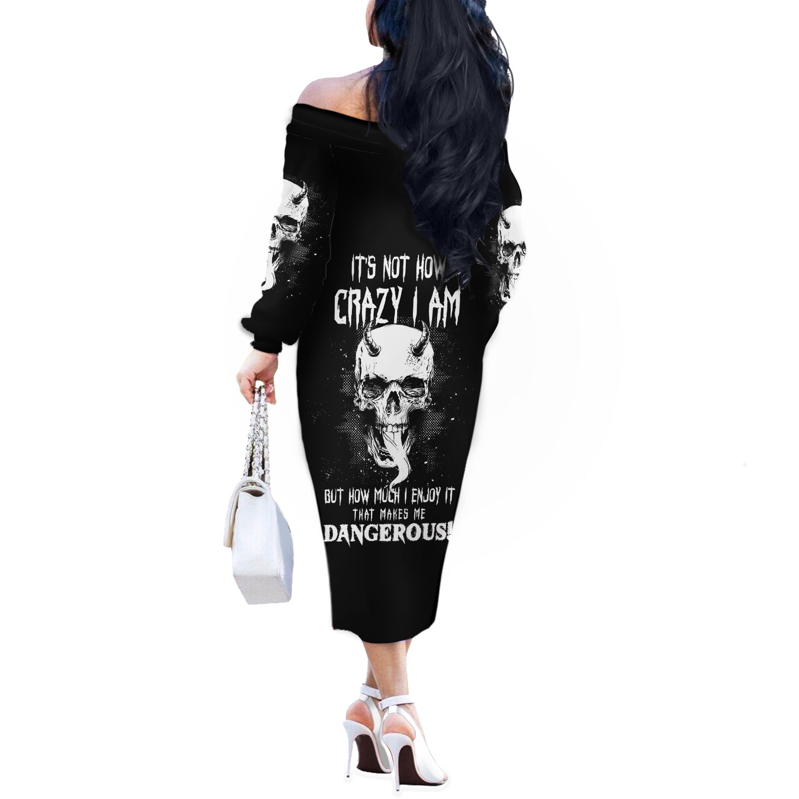 Thunder Skull Off The Shoulder Long Sleeve Dress My Demon Hide Inside My Head - Wonder Print Shop