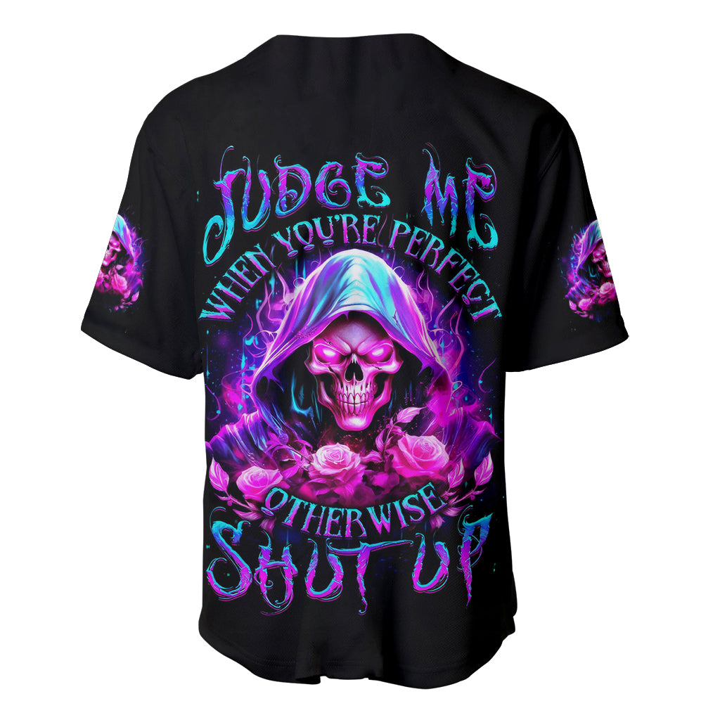 Fire Skull Baseball Jersey Judge Me When You're Perfect Otherwise Shut Up - Wonder Print Shop