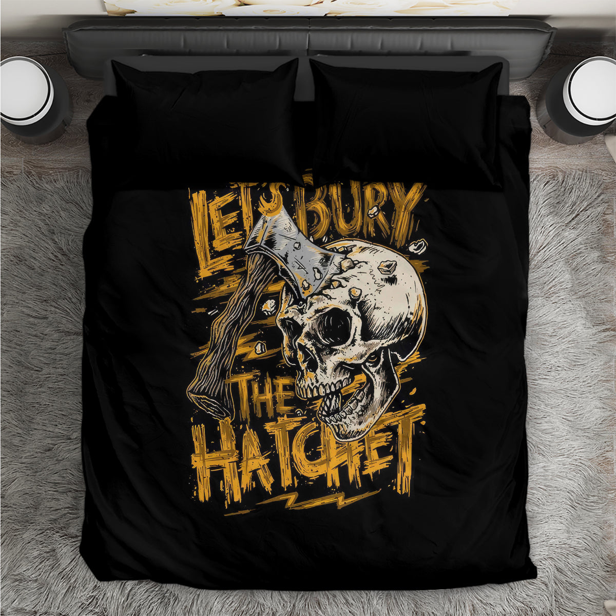 Black duvet bedding set with large skull-and-axe print and two square pillowcases
