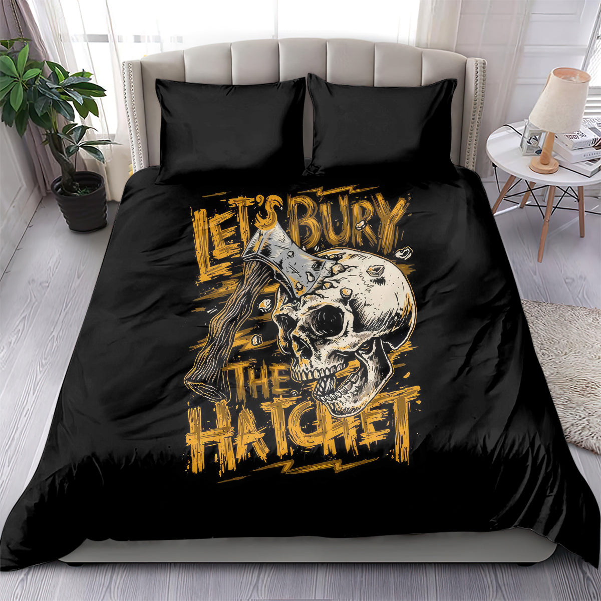 Black skull bedding set with two matching pillowcases and axe-themed duvet graphic