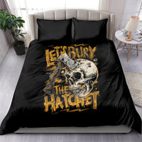 Black skull bedding set with two matching pillowcases and axe-themed duvet graphic