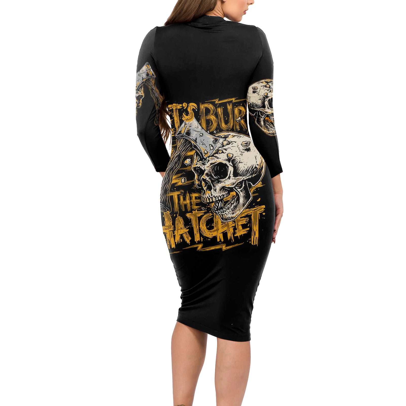 Axe Skull Long Sleeve Bodycon Dress Let's Bury The Hatchet - Wonder Print Shop