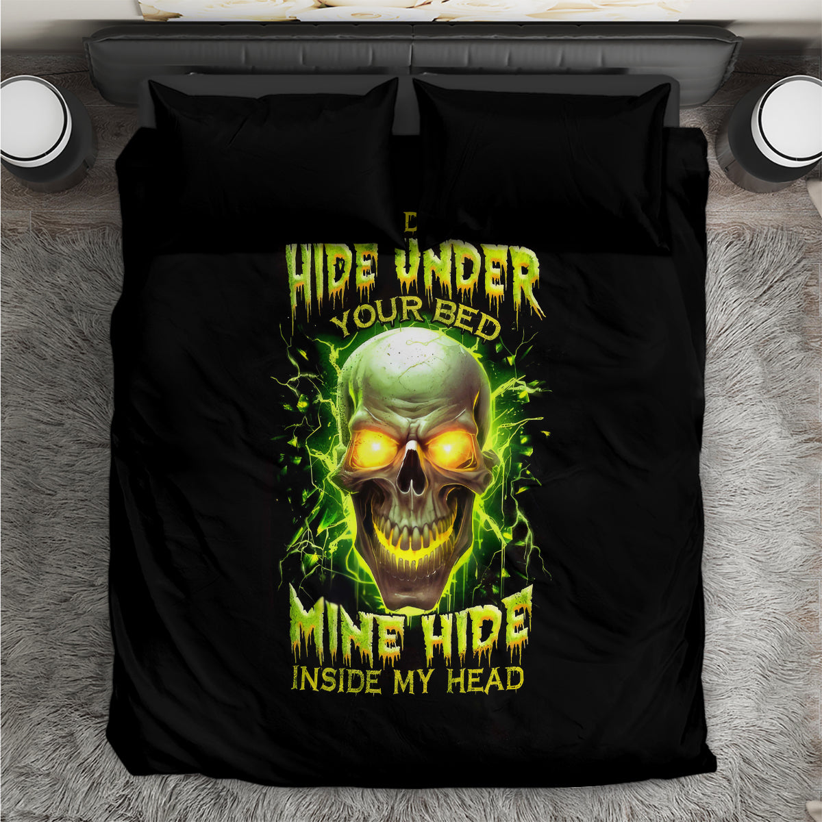 Black duvet cover bedding set with green skull artwork and two dark pillowcases