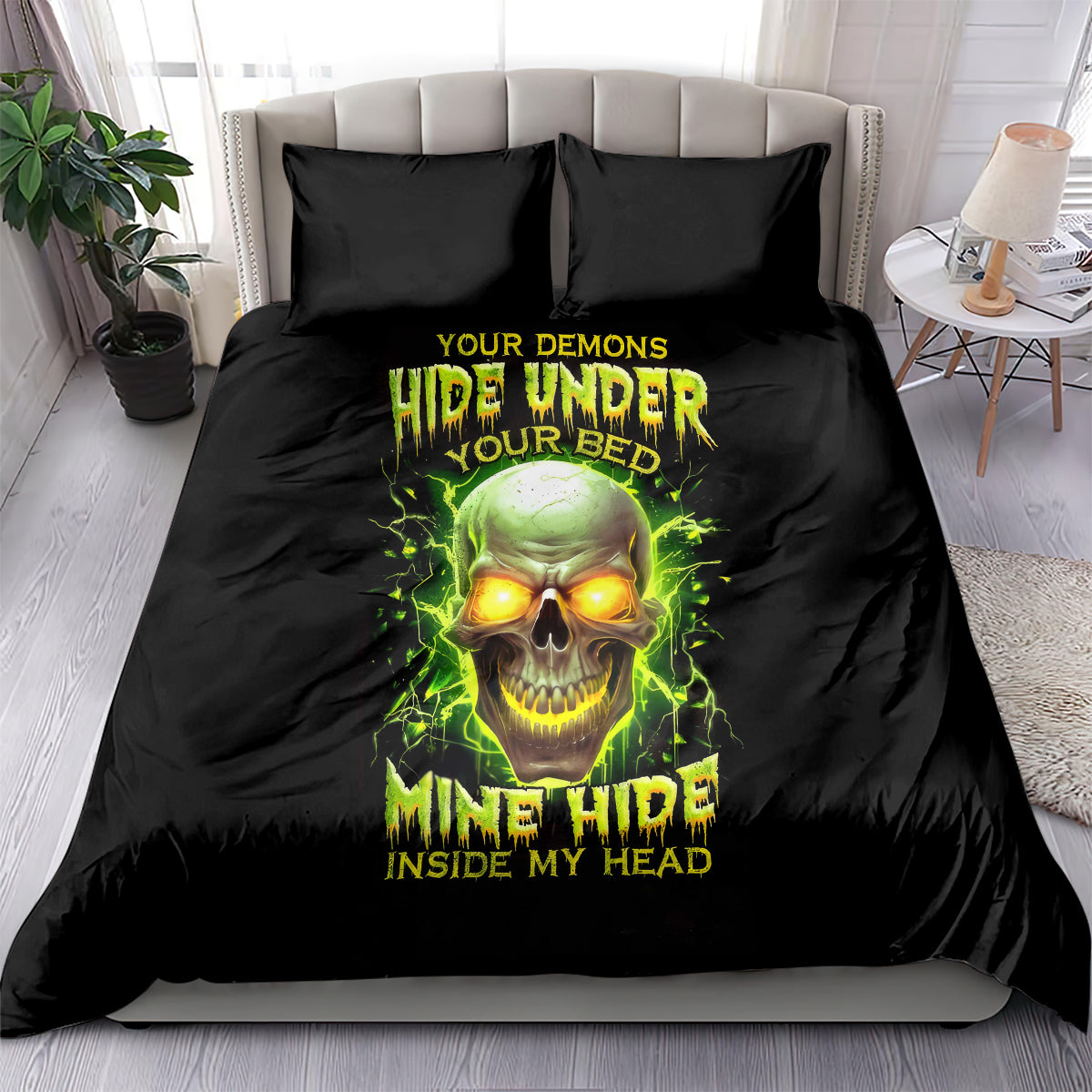 Black bedding set with green glowing skull graphic and matching pillowcases
