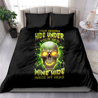 Black bedding set with green glowing skull graphic and matching pillowcases