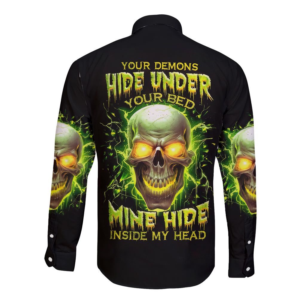 Thunder Skull Long Sleeve Button Shirt My Demon Hide Inside My Head - Wonder Print Shop