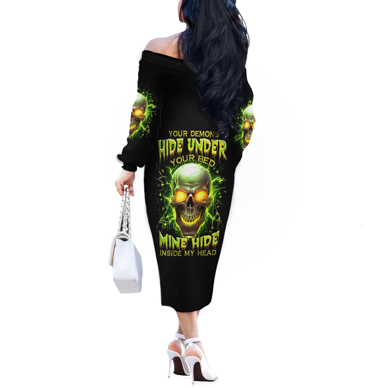 Witch Skull Off The Shoulder Long Sleeve Dress Into Darkness To Lose Our Mind And Find Our Souls - Wonder Print Shop