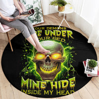 Black round skull graphic carpet with neon green lightning and inside my head text