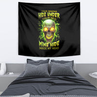 Black wall tapestry with neon green skull graphic and bold slogan text