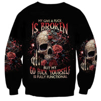Black unisex sweatshirt with zombie skull graphic and red roses on front