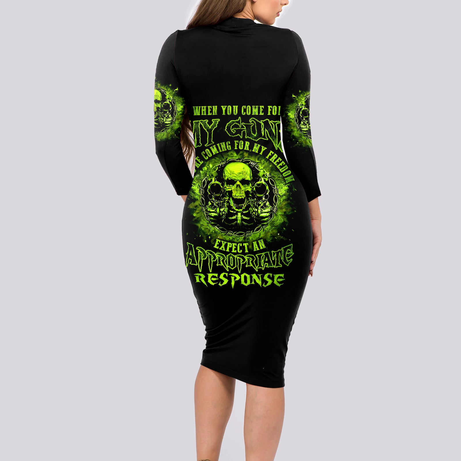 Gun Skull Long Sleeve Bodycon Dress When You Come For My Gun Expect An Appropriate Response - Wonder Print Shop