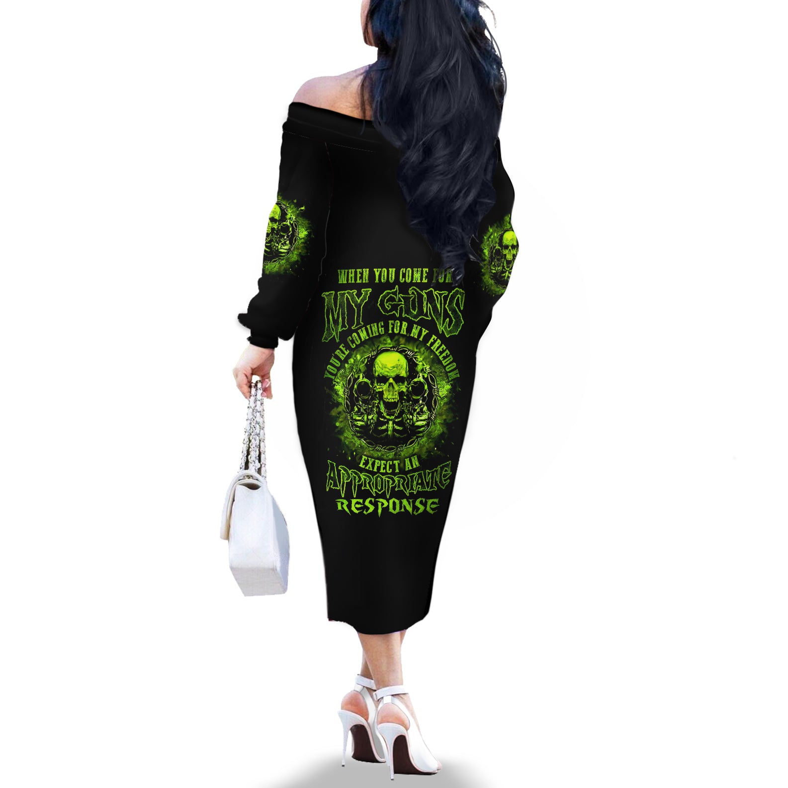 Gun Skull Off The Shoulder Long Sleeve Dress When You Come For My Gun Expect An Appropriate Response - Wonder Print Shop